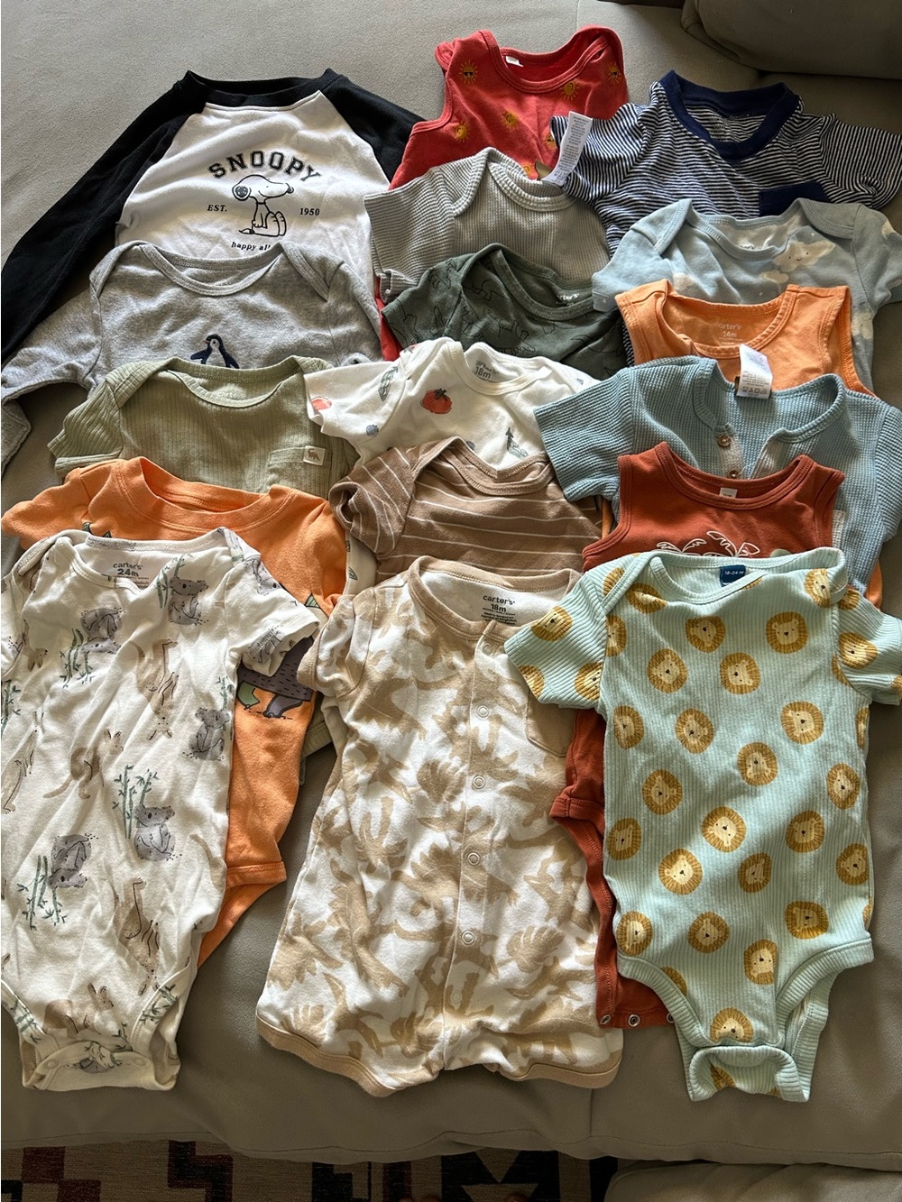 Mixed-Pattern Baby One-Piece Bundle - Neutral Greens, Orange, Blue